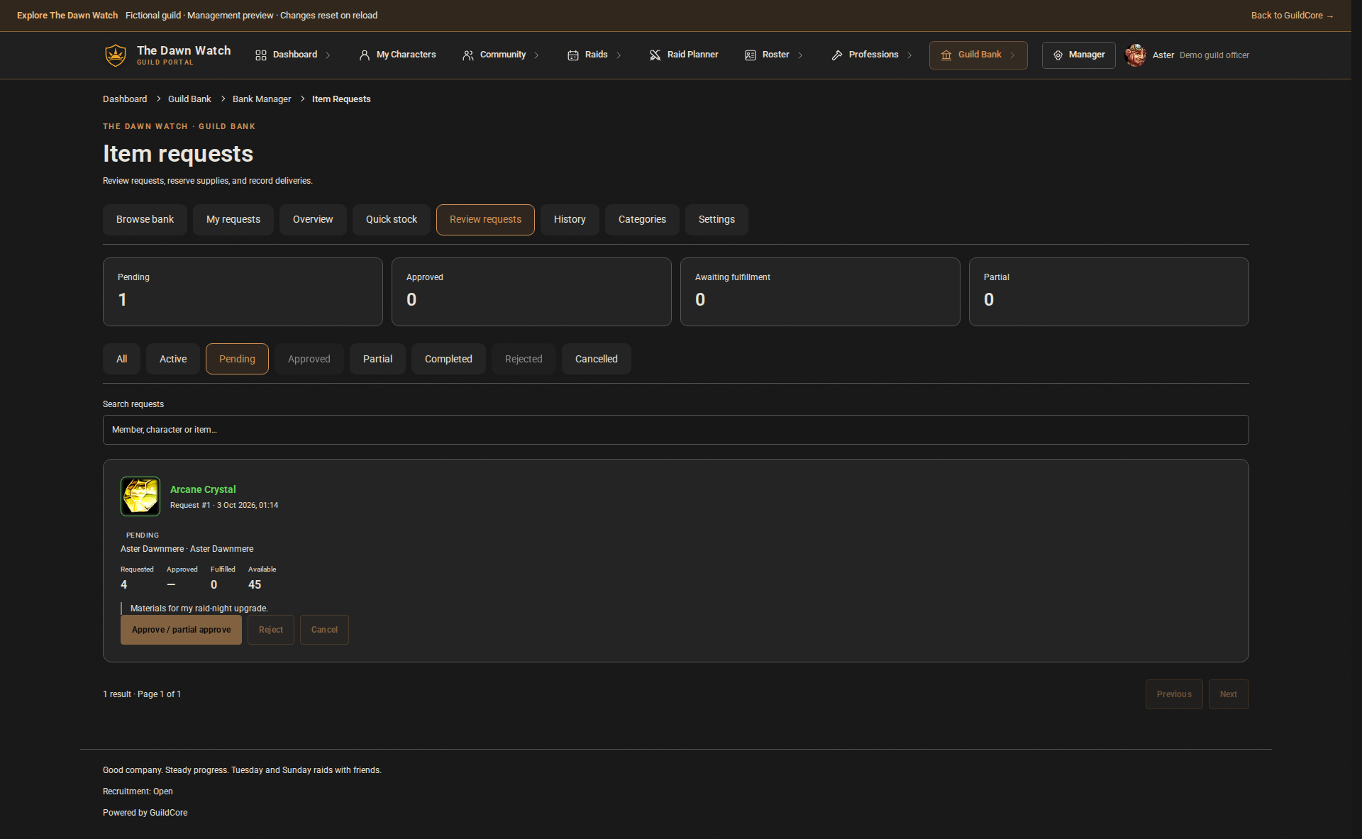 Member item requests and guild bank approvals