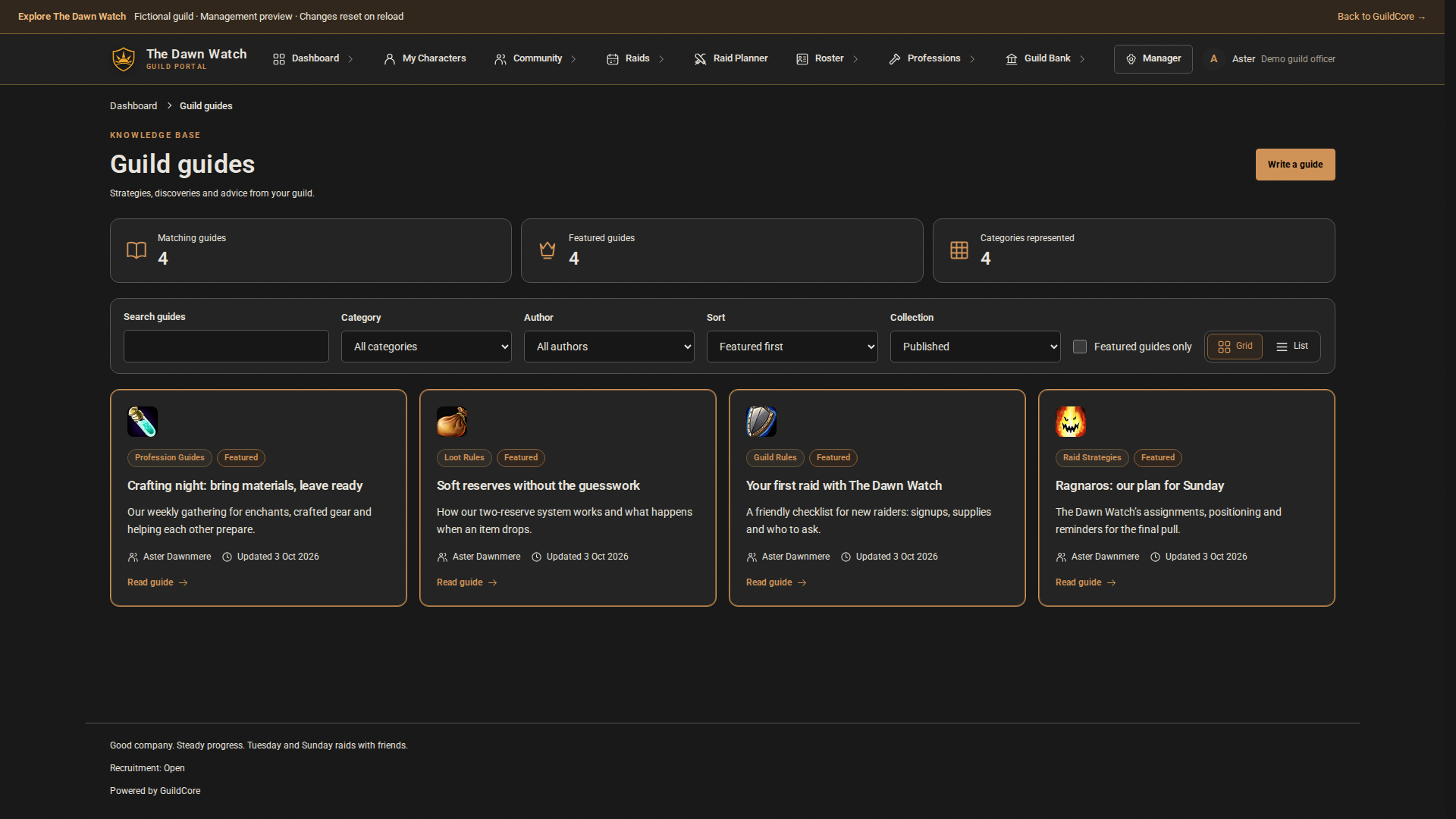 Guild guide library with search, categories and guide cards