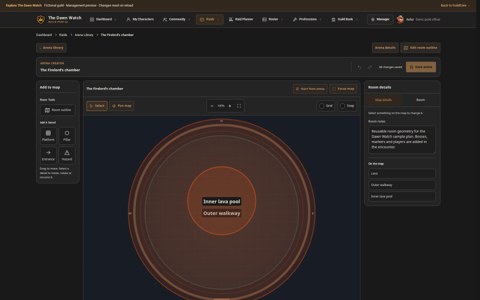 Encounter arena editor with room layout and map controls