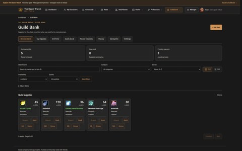 Shared guild bank inventory with categories and item requests