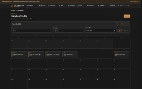 Guild calendar with scheduled events and raids