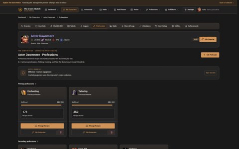 Character professions, known recipes and crafting details