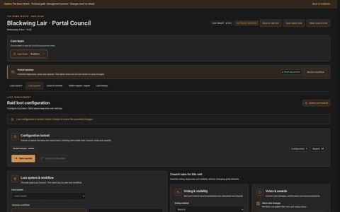 Council system settings and loot workflow