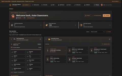 Guild dashboard with upcoming raids, assignments and announcements