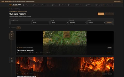 Guild history timeline with raid milestones and community memories