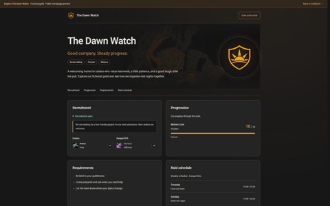The Dawn Watch guild homepage with recruitment openings and guild links