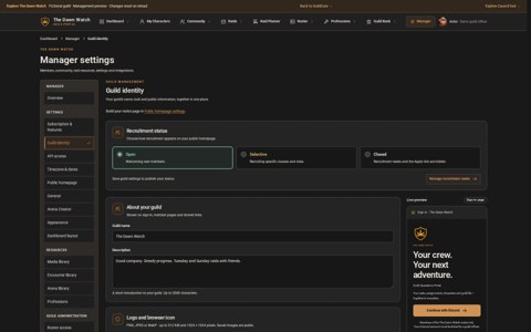 Guild identity settings with branding, public details and locale