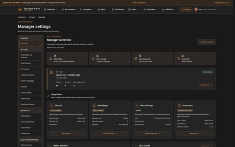 Guild management overview with configuration and service status