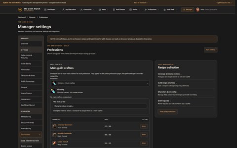 Guild profession resources and crafting configuration