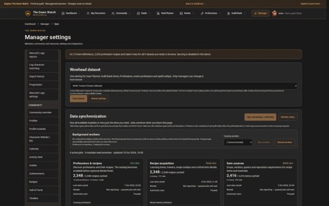 Guild data synchronization settings and status