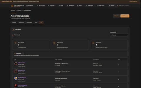 Member loot awards and SoftRes history across characters