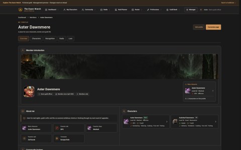 Member profile with linked characters, attendance and guild history