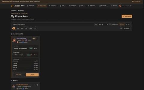 Character collection with gear, talent and profession summaries