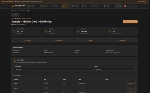 Warcraft Logs raid report with boss fights and raid statistics