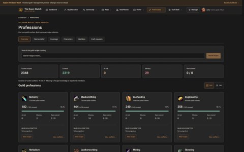 Profession recipe catalog with materials and crafting details