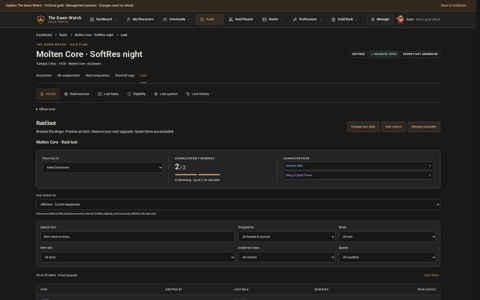 Raid loot table with item details and soft reserves